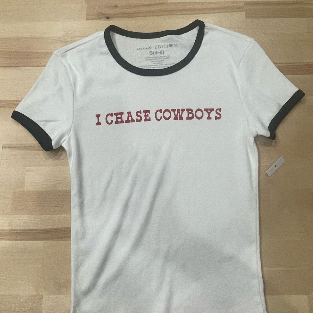 I Chase Cowboys White T-Shirt with Red Text
